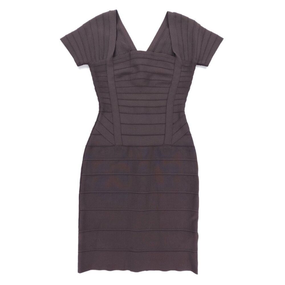 HERVE LEGER Square Neck Bandage Dress Cap Sleeve Bodycon 90s Model Minimal Brown